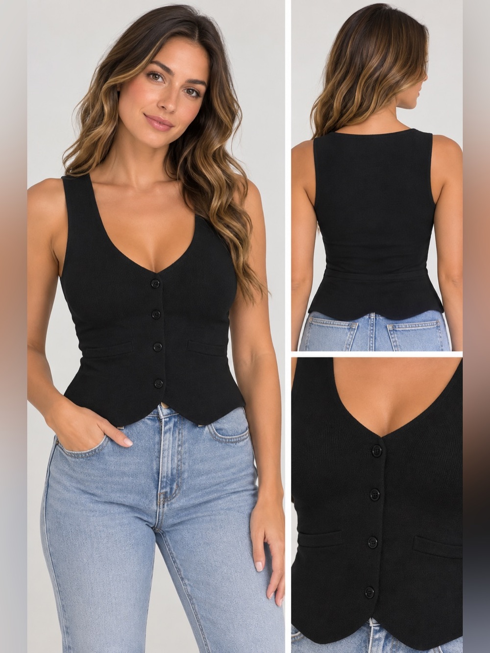 Women's Black Button-Front Knit Tank Vest